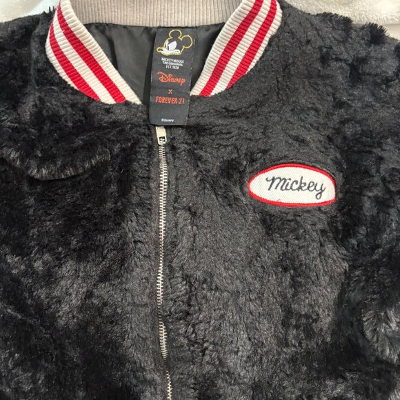 Disney X Forever 21 Mickey Mouse Faux Fur Bomber Jacket Black Red Womens Size S - Picture 10 of 15